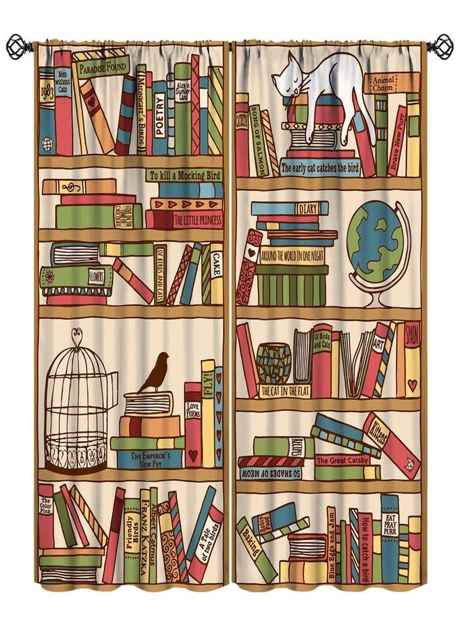 YCness Bookshelf Curtains Cartoon Cat Boho Library Art Printed Window Drapes for Bedroom Living Room Kitchen Decor Fabric Set 2 Panel 42x45 Inch 30% Shading Rate - Image 1